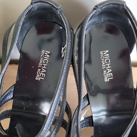 Michael Kors Berkley T Strap Black Leather PVC Front Zip Zipper Sandals Heels - Picture 8 of 16